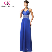 Grace Karin Mulheres maduras Halter Seda-Comprimento do assoalho Royal Blue Long Beaded Evening Dress Vestido De Festa CL4406